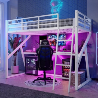 Merax Hochbett 90x200 cm mit LED-Beleuchtung (1-St, LED Jugendbett mit Rausfallschutz) Metallbett Kinderbett mit Schreibtisch Treppe Geländer Metallrahmen