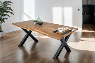 Trelevo® Baumkantentisch Tomaso, massives Akazienholz, natürliche Baumkante, Metallgestell X-Form