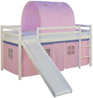 Homestyle4u Spielbett mit Tunnel und Rutsche, Rosa, Kiefernholz rosa / weiß, 90x200 cm