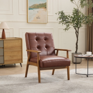 Echtleder Loungesessel Braun,Wohnzimmer Sessel mit Pull-Point, Massivholz Kautschukholz,Handgefertigt,Fauteuil,bis 150 kg