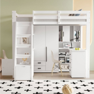Celya Hochbett 90*200 cm, Arbeitstisch mit Regalen und Schränken (Einzelbett Jugendbetten Kinderbetten, Massivholzrahmen) Sicherheitskletterleiter mit Stauraum, mit Stauschubladen