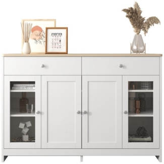 HAUSS SPOLE Sideboard Sideboard Beistellschrank Beistelltisch Kommode Aufbewahrungsschrank (vier Türen, mit zwei Schubladen, Tür mit Glas, 1 St, Wohnzimmer, Esszimmer)
