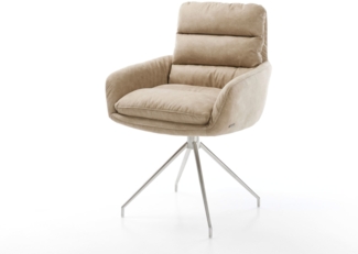 Esszimmerstuhl Abelia-Flex mit Armlehnen Mikrofaser Beige Vintage Kreuzgestell konisch Edelstahl