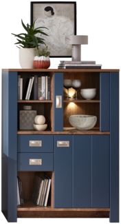 DIJON Vitrine in Parisian Blue, Haveleiche Cognac Optik - Moderner Vitrinenschrank mit LED-Beleuchtung und viel Stauraum - 98 x 134 x 38 cm (B/H/T)