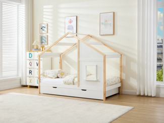 Vente-unique - Häuschenbett 90x190 cm – Mit Schublade – Kiefer & MDF – Weiß/Natur – RINELYA