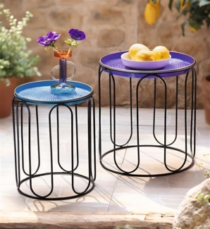 2x Beistelltisch "Blue" aus Metall, schwarz mit Tablett in blau, Tabletttisch 40 + 46 cm hoch, Tisch mit Serviertablett
