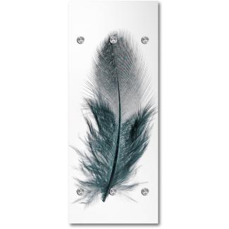 Queence Garderobe - "Black Feather" Druck auf hochwertigem Arcylglas inkl. Edelstahlhaken und Aufhängung, Format: 50x120cm