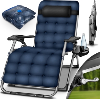 tillvex® Liegestuhl klappbar bis 200 kg Navyblau | Sonnenliege wetterfest für Balkon, Garten & Terrasse | Outdoor Liege verstellbar mit dickem Polster | Relaxliege mit Nackenkissen, Getränkehalter & Auflage