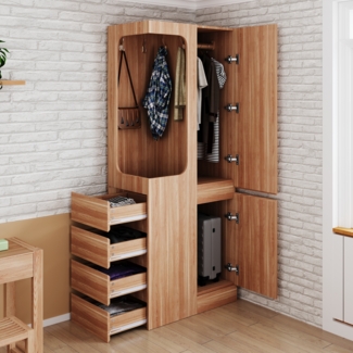 Merax Kleiderschrank 70 x 40 x 170 cm, mit Schubladen und Staufächern, offenem Kleiderbereich, eintürig, Holzfarbe