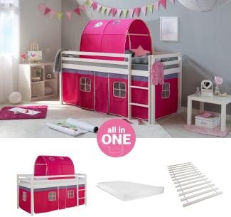 Homestyle4u Spielbett mit Tunnel, Pink, Kiefernholz pink / weiß, 90 x 200 cm