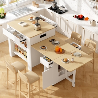 Merax Ausziehbarer Bartisch mit Stauraum(110-124×78×97.5cm), für 2-6 Personen, Kücheninseln mit 2 Schubladen, 2 seitliche offene Regale und eingebaute Steckdose, Weiß