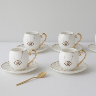 alesvelt Tasse Kaffee Set mit Untertasse 12 teilig weis gold Keramik