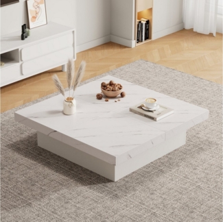 Merax Couchtisch mit versteckten Stauraum und Marmor-Optik (1-St), Quadratischer Wohnzimmertisch Satztisch mit 4 Schubladen, 90 x 90 x 25 cm