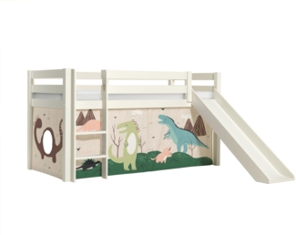 Kinderbett mit Rutsche Karolina Massivholz Weiß Textilset Dino
