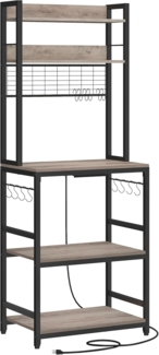 Vasagle Küchenregal, Standregal mit Steckdosen, Mikrowellen-Regal, mit Gitterplatte, 14 Haken, 40 x 60 x 170 cm, greige-schwarz