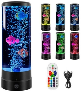 QUBEBU LED Dekolicht Lavalampe LED Fischlampe Mit Fernsteuerung Lava Lampe Nachtlicht RGB, Aquarium schwimmende Fisch Dekoleuchte, 16 Farben und 4 Modi, Größe: 11 x 10,5 x 28,5 cm, Stromversorgung über USB / Batterie.