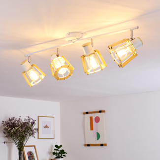 »Dimaro« Deckenlampe aus Metall/Holz in Weiß/Natur, 4-flammig, mit verstellbaren Strahlern, 4 x E27-Fassung max. 40 Watt, Spot in Gitter-Optik im Retro/Vintage Design, LED geeignet