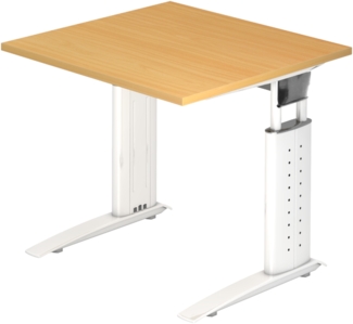 bümö höhenverstellbarer Schreibtisch U-Serie 80x80 Buche, Gestell in weiß - PC Tisch klein für's Büro manuell höhenverstellbar, Computertisch verstellbar, US-08-6-W