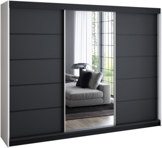 A&J MöbelLand 'Vilano' Schwebetürenschrank mit 4 Schubladen und Spiegel, Spanplatte, 215 x 59,5 x 200 cm, Schwarz / Schwarz / Schwarz / Weiß