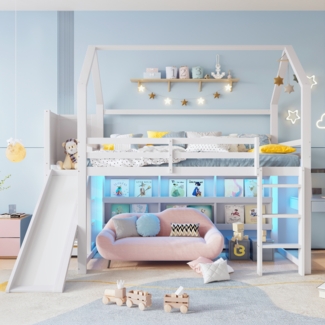 Hochbett 90x200 cm für Kinder mit LED-Lichtleiste, Rutsche und Rolltreppe, Hausform, Regale für Spielzeug & Bücher