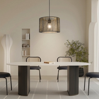 Zedelmaier Pendelleuchte Deckenleuchte hängend mit Stoff Lampenschirm E27 x 1/max. 40 W, Rattan Boho-Design