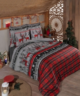 L'Essentiel Maison Bettwäsche Set, Winterwald, Christmas, mit festlichem Hirsch- und Karo-Design, Baumwolle, 3 teilig, Festliches Weihnachtsdesign, weich