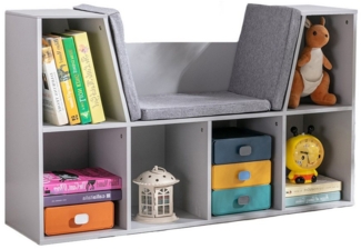 HOMCOM Kinderregal, Bücherregal mit Sitzhocker 1-tlg, mit 6 Fächern, 3 Kissen, für Kinderzimmer, Wohnzimmer, Grau