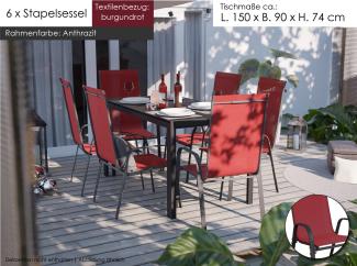 Gartenmöbel Set Alu Tisch 7-tlg. 6x Stapelsessel Essgruppe Gartenset Gartentisch Sitzgruppe burgundrot