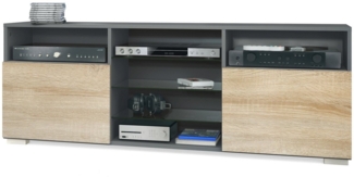 TV-Board Granada, Lowboard mit 2 Türen und 6 offenen Fächern, Korpus Anthrazit matt, Fronten in Eiche sägerau (146 x 54 x 35 cm)