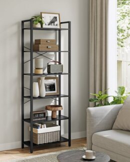 Vasagle Bücherregal 6 Ebenen, Standregal mit Stahlrahmen, freistehendes Regal, Wohnzimmer, ebenholzschwarz-tintenschwarz, 186 x 30 x 66 cm