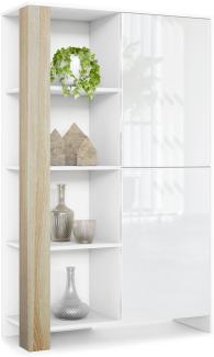Highboard Canto, hoher Schrank mit 2 Türen und 8 Fächern, Korpus Weiß matt, Fronten Weiß Hochglanz, Dekor-Paneele Eiche sägerau (95 x 151,5 x 36 cm)