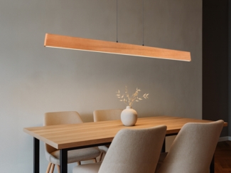 Große LED Pendelleuchte EDGEWOOD mit Holz, dimmbar & höhenverstellbar, B: 150cm