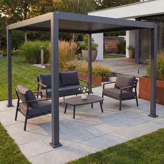 Pergola HWC-P65, Terrassenüberdachung Gartenpavillon Lamellen-Pavillon, 10cm-Aluminium-Gestell 3x3 m ~ anthrazit