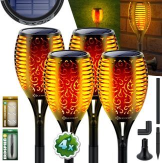KESSER® Gartenfackel Solar Set Solarleuchten Flamme mit Wandhalterung + Erdspieß Licht-Sensor Wetterfest Garten Solarleuchte Fackel Lichter LED Gartenlampe Solarlampe Flammenlicht 96 LED´s, 4er Set