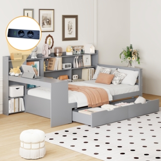 Merax Daybett 90*200 cm, Einzelbett Schlafsofa aus Massivholz, Mit Schreibtisch Bücherregal Ablagefächern und Regalen, Mit Steckdose, Mit 2 großen Ablagefächern, Multifunktionales Holzbett, Grau