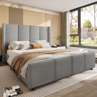 Polsterbett 160×200cm mit hohem Kopfteil & USB-Anschluss, modernes Bettgestell aus kurzem Wildledermaterial, elegantes Design in Dunkelgrau