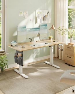 SONGMICS Höhenverstellbarer Schreibtisch, 140 x 60 cm, Memory-Funktion mit 4 Höhen, USB-C-Anschluss, Organizer, für Büro, goldeichenfarben