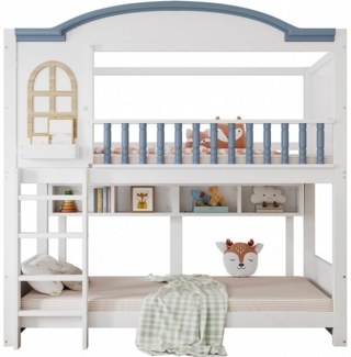SeedWave Etagenbett Kinderbetten mit 4 offenen Fächern und Sicherheitsgittern, 90x200cm, Für 2 Kinder, Leiter mit 4 Stufen, Bett darunter für extra Stauraum