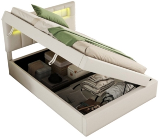 TavilaEcon Polsterbett Stauraumbett Flachbett Jugendbett, Ambientelicht über dem Bett, einseitig zu öffnen, Minimalistisches Design, 90x200 cm