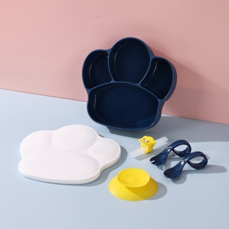 Dunkelblaues 6-teiliges Baby-PP-Essteller-Set, Kindergeschirr-Set, integrierte Fächer, inklusive Baby-Silikon-Trinkbecher, Strohhalm und Übungslöffel.