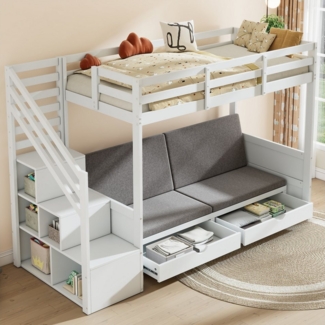 Flieks Etagenbett, Kinderbett 90x200cm mit vestellbarem Sofa 2 Schubladen Stauraumtreppe