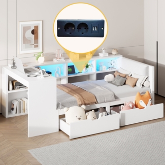 Merax Daybett Einzelbett Tagesbett 90x200cm mit 2 Schubladen, Jugendbett Stauraumbett mit Led und Ladefunktion, Schlafsofa, Weiß