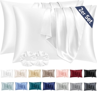 Satin Kissenbezug 2er-Set 40x70 Weiß mit Haargummis, Pflege wie Seide