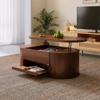 Merax Anhebbarer Couchtisch, Couchtisch mit gebogenen Holzseiten, ausziehbarem Regal, anhebbarer Tischplatte, multifunktionales Wohnzimmermöbel, Walnut