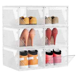 SONGMICS Schuhboxen 6er Set, Schuh-Organizer aus Kunststoff, stapelbar quer und längs, Aufbewahrungsbox mit Magnettverschluss, durchsichtig, für Schuhe bis Größe 46, wolkenweiß