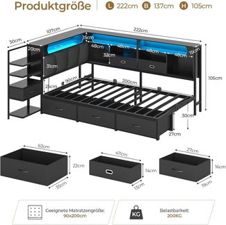 MSMASK Jugendbett mit 6 Schubladen, LED-Beleuchtung & Lade-Station, Schlafsofa, Daybett (Ohne Matratze), Multifunktionsbett 90x200cm mit gepolsterter Kopflehne & Stauraum
