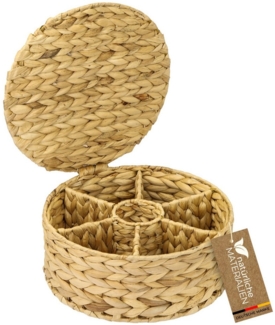 HMF Teebox Teebox für Teebeutel geflochten aus Wasserhyazinthe, Wasserhyazinthe, Tee Aufbewahrungsbox mit 7 großen Fächern, 27 x 27 x 11 cm