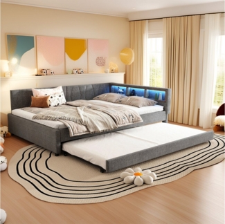 REDOM Schlafsofa Modernes Polsterbett mit LED-Beleuchtung, USB-Ladeanschluss und ausziehbarem Rollbett, Kompaktes Schlafsofa mit Stauraum, Inklusive Matratze(Hauptbett mit einer Matratze von 10 cm Höhe)