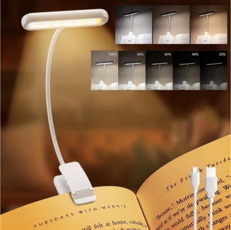 Jibenhome Klemmleuchten Leselampe Buch Klemme USB Wiederaufladbare Buchlampe, Weiß, LED fest integriert, 3 Farben & 10 Helligkeitsstufen,Flexibler Schwanenhals