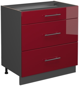 Vicco Küchenunterschrank Bordeaux Hochglanz 80 cm mit 3 Schubladen, AP Anthrazit, Fame-Line